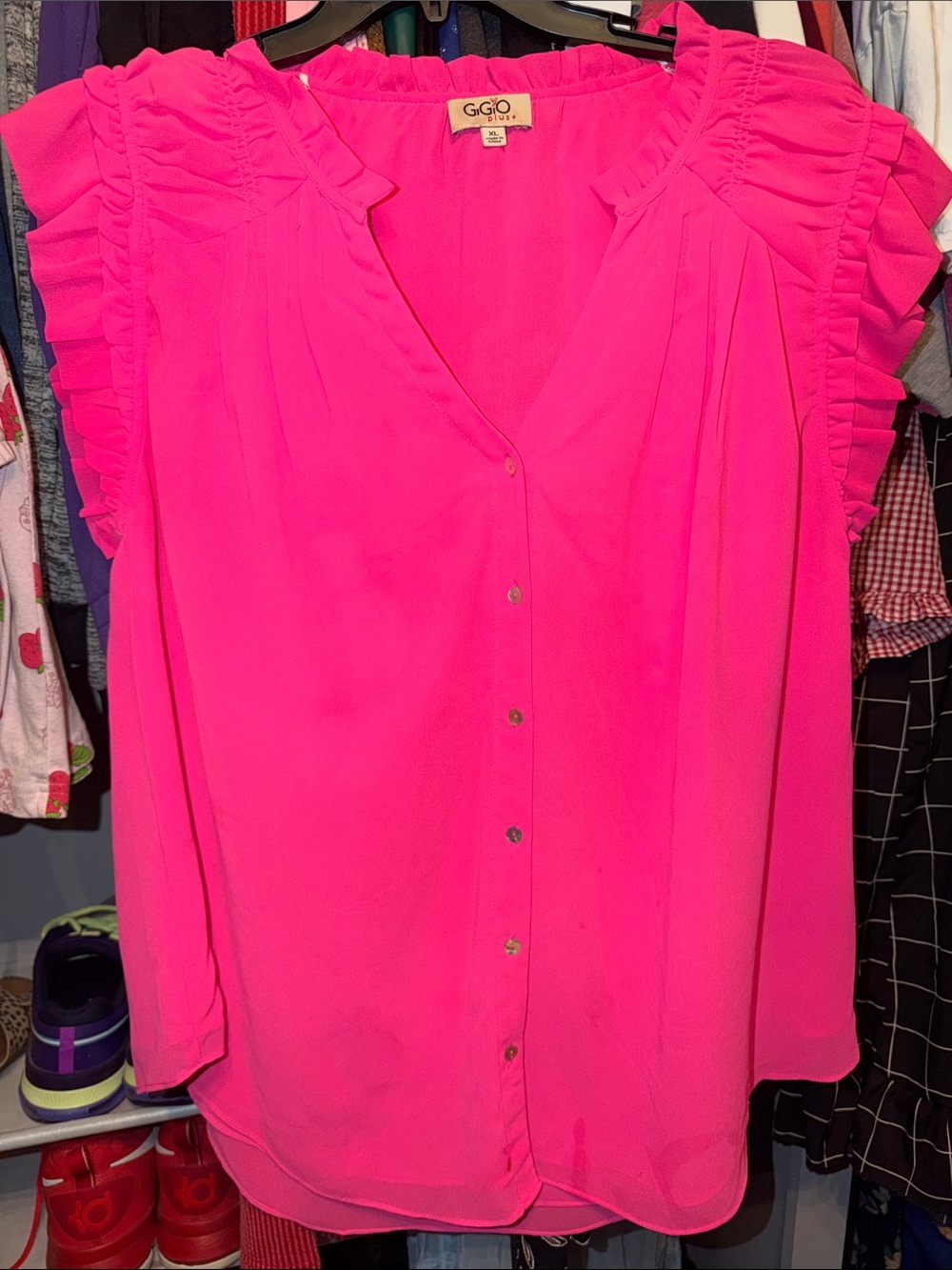 GiGi Los Angeles Hot Pink Ruffle Sleeve Button-Front Blouse